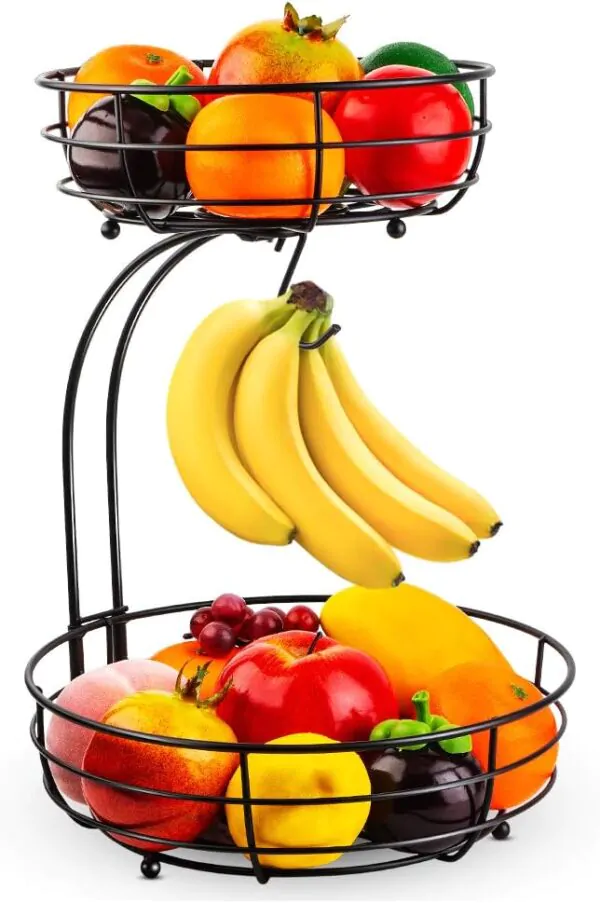 Auledio Iron 2-Tier Countertop Fruit Vegetables Basket Bowl Storage With Banana Hanger, Black, 64 ounces (Copy)